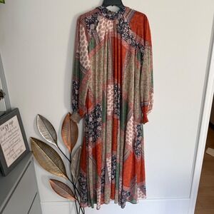 Boho Patchwork Paisley Maxi Dress Rust Green Balloon Sleeve Mock Neck Small